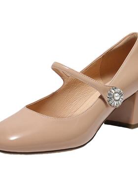 百丽樱桃玛丽珍鞋女新款粗高跟婚鞋浅口红色单鞋子年会D7L1DAQ5