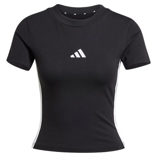 adidas阿迪达斯短款修身运动休闲圆领上衣三条纹女短袖T恤 JC8325