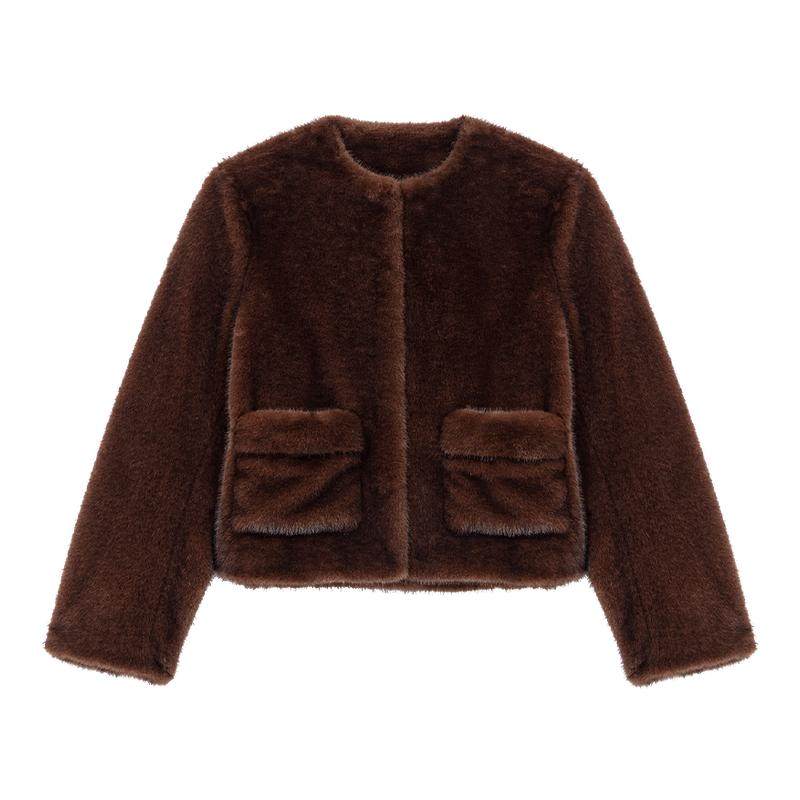 Maje2025秋冬新款女装疗愈绒感法式时尚棕色圆领短款人造毛皮外套,女装/女士精品,皮草,淘宝优惠券,粉丝福利购,淘宝优惠卷