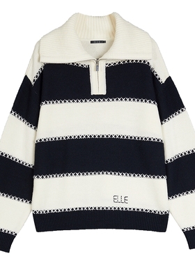 【cozy巴黎】ELLE法式大翻领绵羊毛条纹针织衫女2025秋季新款毛衣