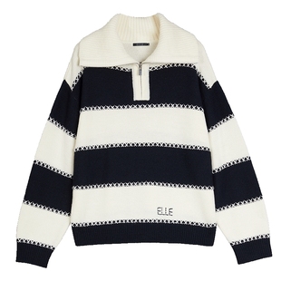 cozy巴黎 新款 ELLE法式 女2025秋季 毛衣 大翻领绵羊毛条纹针织衫