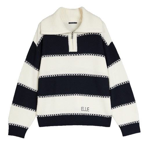 ELLE法式黑白条纹撞色毛针织衫