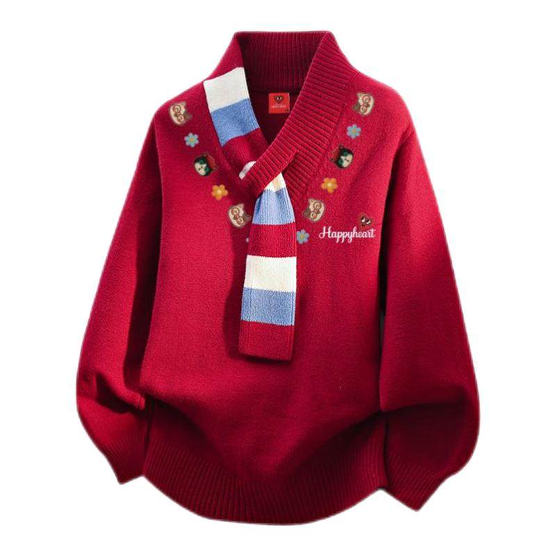 查尔斯桃心小猫印花围巾领红色毛衣服男女冬