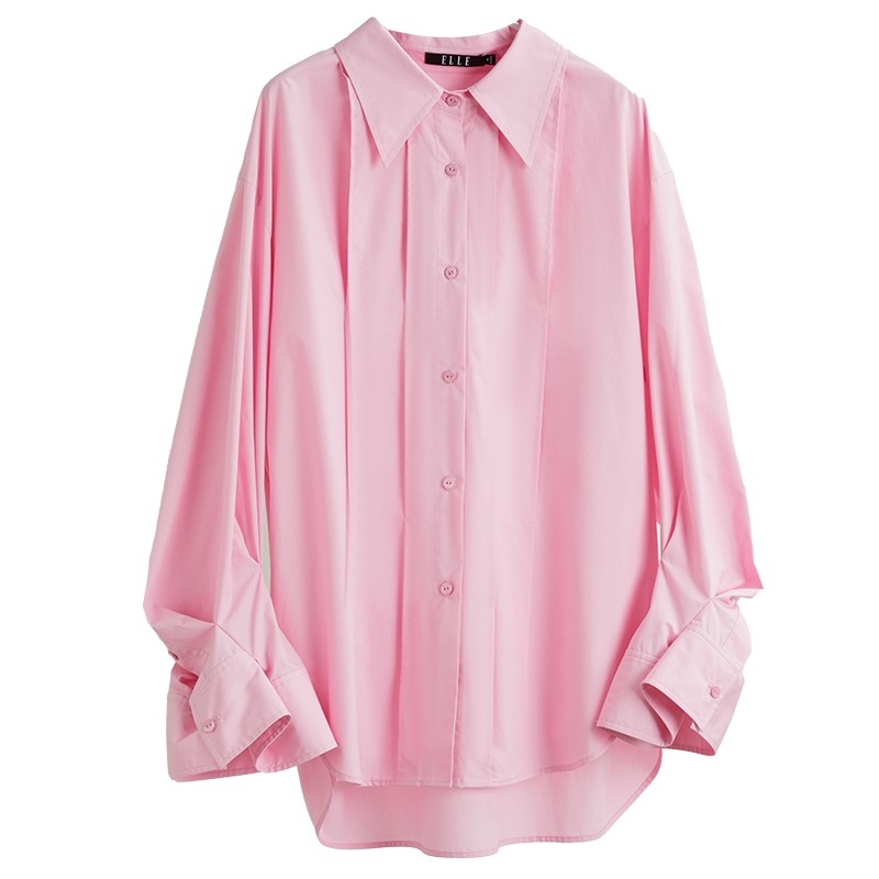 ELLE法式设计感小众气质粉色衬衫女2025秋新款小个子衬衣独特