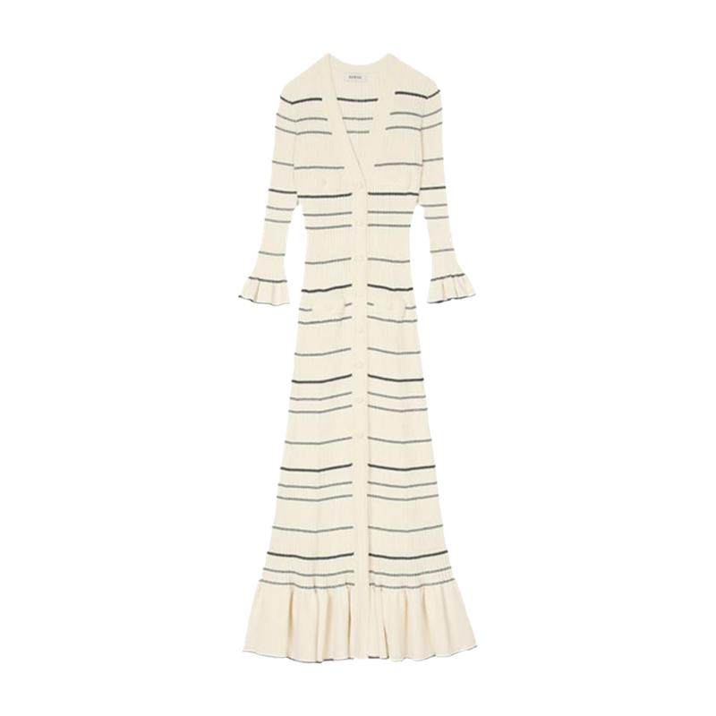 SANDRO荷叶下摆条纹V领连衣裙