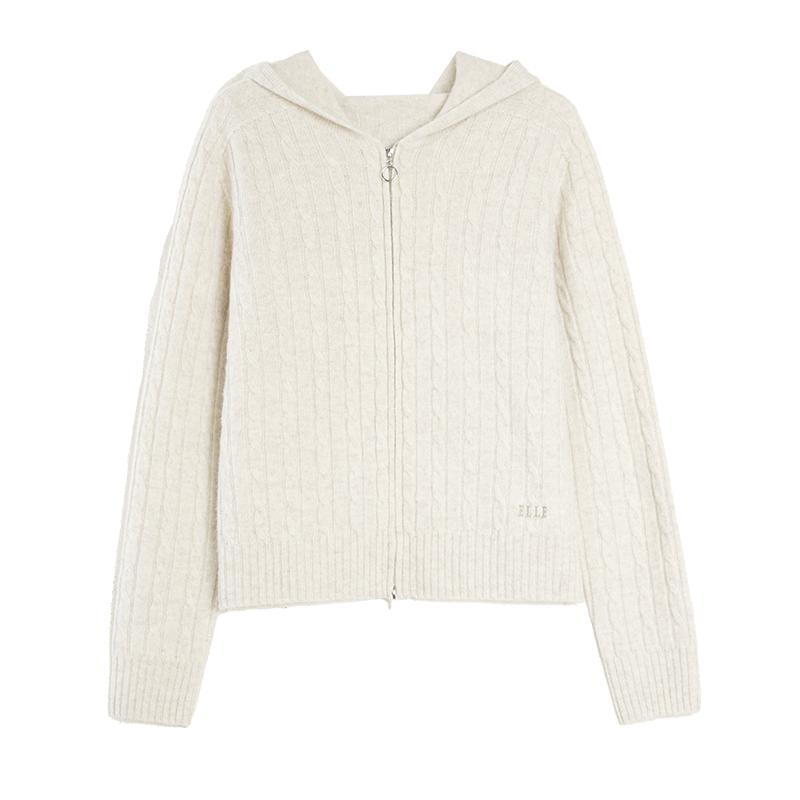 ELLE绵羊毛连帽绞花针织开衫
