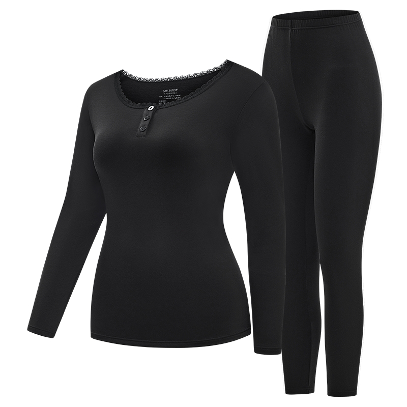 MYBODY商场同款冬季新款蕾丝边亨利领绵羊毛肌底衣女保暖内衣套装