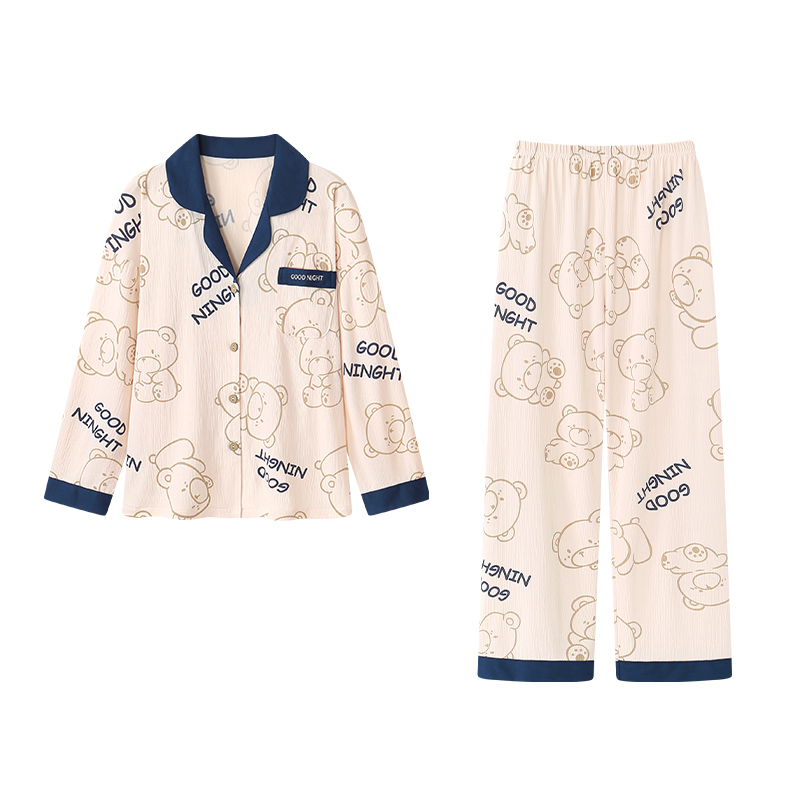 新款小熊撞色翻领睡衣女