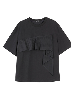 ELLE法式不规则拼接短袖女2025夏新款白色宽松休闲设计感时髦T恤