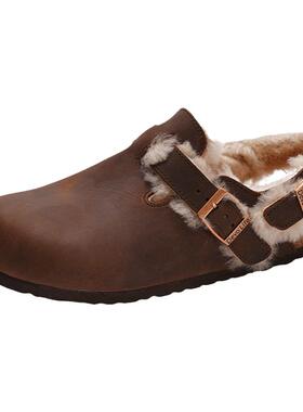 Devo/的沃软木拖鞋包头半包棉鞋加绒加毛外穿秋冬季新款女鞋23007