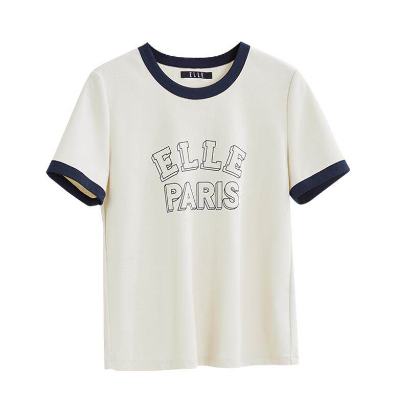 ELLE设计感圆领正肩T恤女2025夏装新款宽松显瘦别致小众短袖