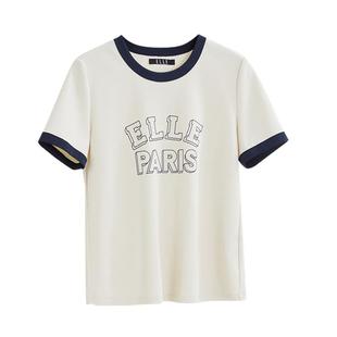 上衣 宽松显瘦别致小众短袖 ELLE设计感圆领正肩T恤女2025夏装 新款