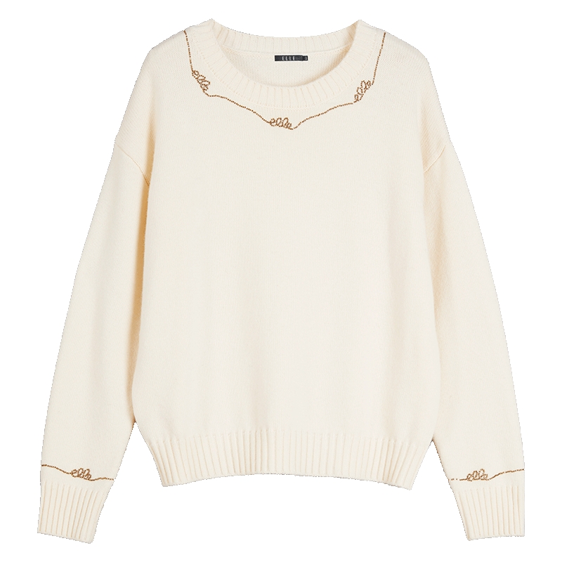ELLE米白色文艺休闲宽松圆领毛衣女2025冬新款复古慵懒风毛针织衫