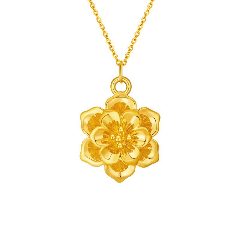 周大生黄金吊坠足金牡丹花金挂坠项链送女友老婆妈妈情人节礼物
