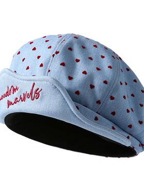 CACUSS牛仔贝雷帽子女款春夏复古爱心刺绣报童帽显脸小八角画家帽