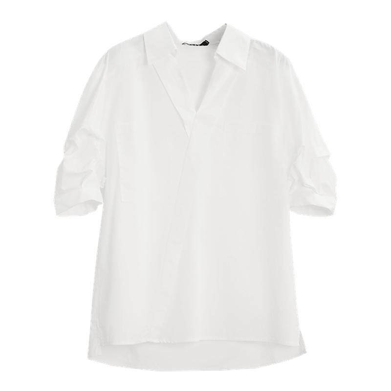 ELLE法式白色优雅V领衬衫女2025夏新款简约时尚通勤别致衬衣