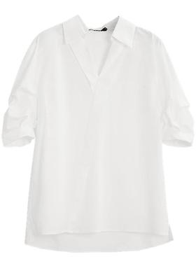 ELLE法式白色优雅V领衬衫女2025夏新款简约时尚通勤别致衬衣小衫