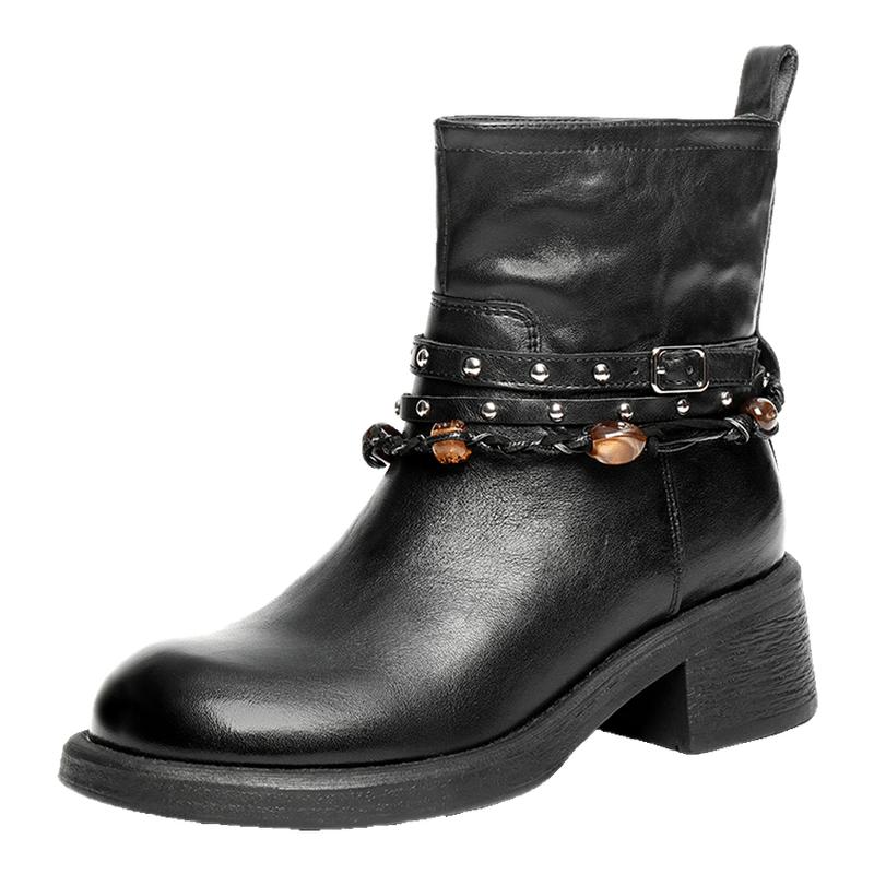 百丽粗高跟时装靴棕色靴子女真皮厚底棉鞋美拉德西部靴F2L1DDD5