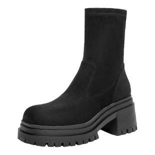 百丽女鞋 冬粗跟短靴反绒面瘦瘦靴子3MC61DZ4 子厚底弹力靴女新款