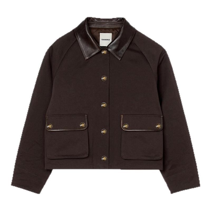 SANDRO棉质皮革翻领外套