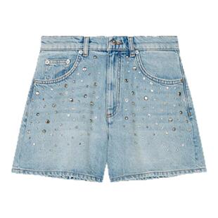 饰磨损边缘蓝色牛仔休闲短裤 Maje2025春夏女装 铆钉仿钻装 时尚 法式