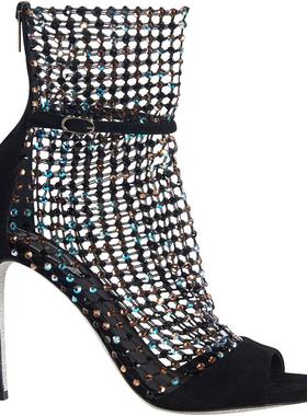 【新年折扣】RENE CAOVILLA GALAXIA 黑色水钻细高跟女士凉鞋