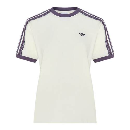 adidas阿迪达斯三叶草优雅蕾丝边三条纹半袖女修身短袖T恤 LF2332