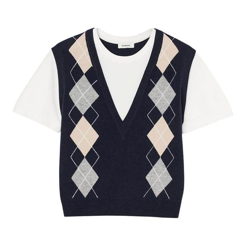 SANDRO法式拼接菱格纹针织衫