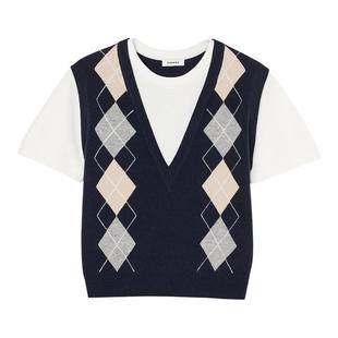 季末7折SANDRO博主同款2025秋冬新款女装菱格纹假两件短袖针织衫