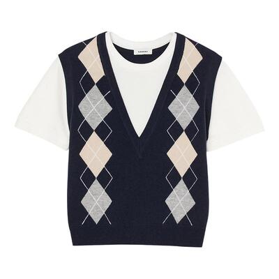 SANDRO法式拼接菱格纹针织衫