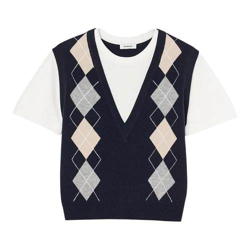 SANDRO法式拼接菱格纹针织衫