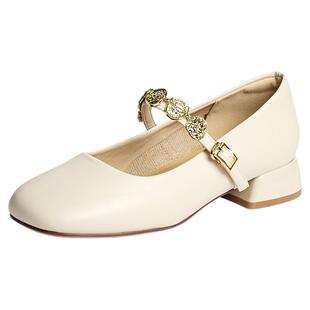 红蜻蜓玛丽珍女鞋春季新款皮鞋中跟女士鞋子通勤气质白色粗跟单鞋