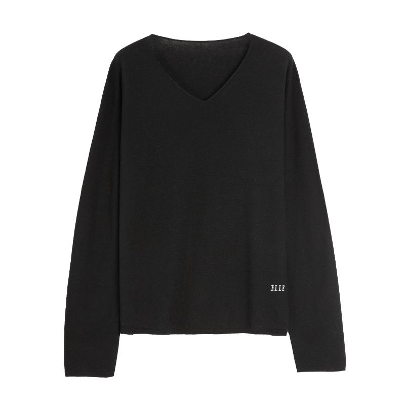ELLE绵羊毛V领长袖毛针织衫