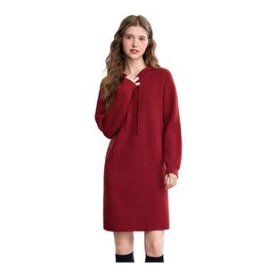 betu百图新年红色氛围感连帽针织连衣裙2025年冬季 宽松毛衣裙 新款