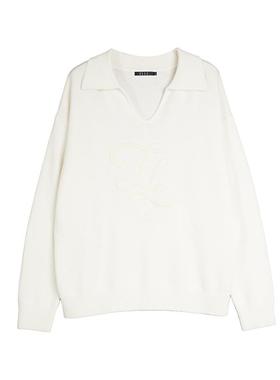 ELLE白色绵羊毛polo领针织衫女2025秋季新款套头宽松软糯通勤毛衣