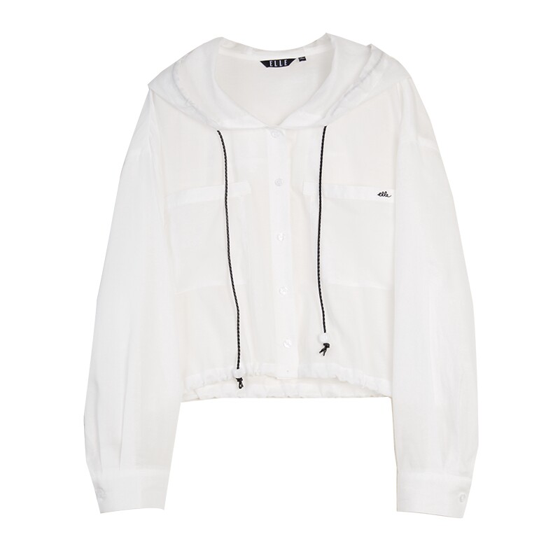 ELLE白色亚麻休闲短外套女2025秋新款莱赛尔天丝撞色皮绳轻薄