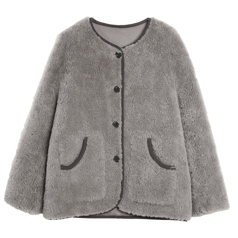 【100%绵羊毛】ELLE法式高级感灰色短外套女2025冬季新款毛绒上衣