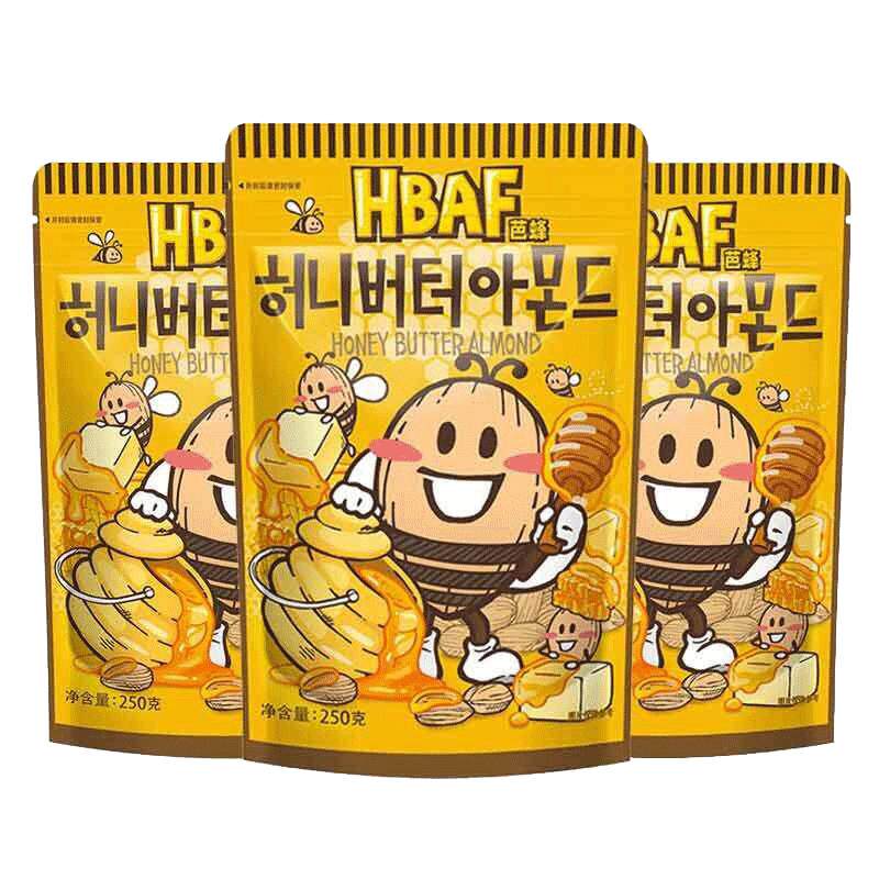 韩国芭蜂HBAF坚果进口零食原汤姆农场蜂蜜黄油扁桃仁250g杏仁味
