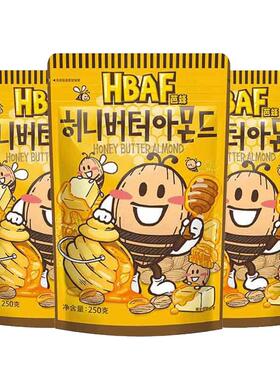 韩国芭蜂HBAF坚果进口零食原汤姆农场蜂蜜黄油扁桃仁250g杏仁味