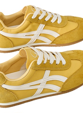 拉夏贝尔黄色德训鞋女子春夏爆款百搭平底阿甘鞋内增高休闲板鞋女