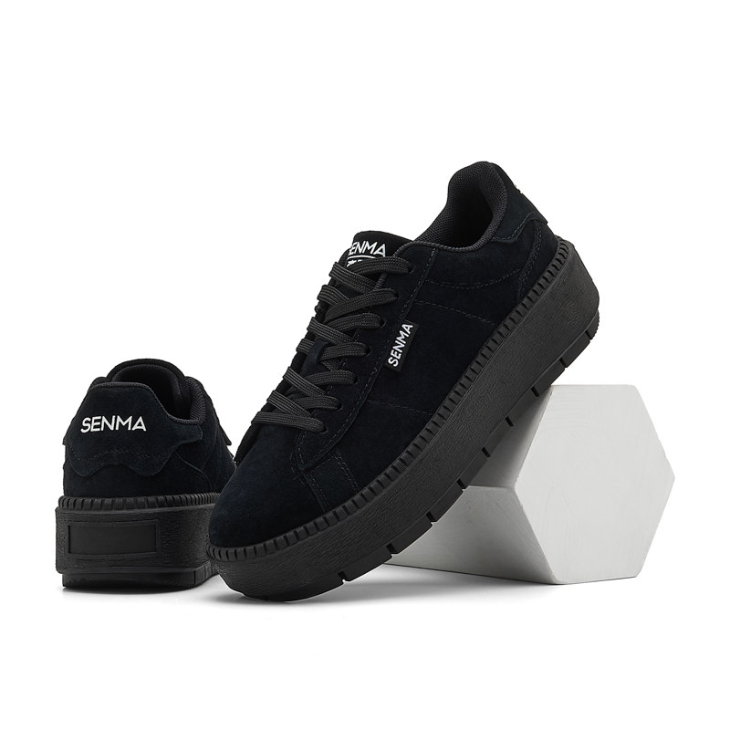 SENMA/森马女鞋黑色厚底增高板鞋复古百搭休闲松糕鞋低帮系带时尚
