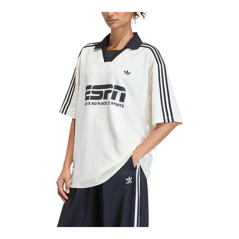 adidas阿迪达斯三叶草足球风大号半袖夏女V领提花短袖T恤  