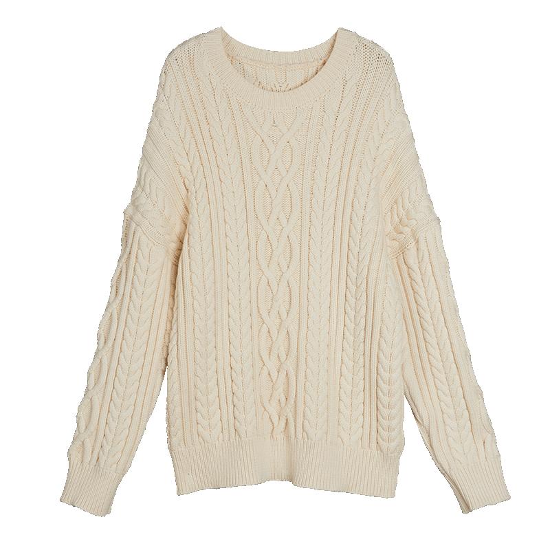 ELLE米白色绞花圆领毛针织衫