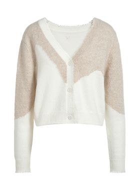 FIVE PLUS100%羊毛针织衫女V领开衫上衣外套美拉德新款女秋装