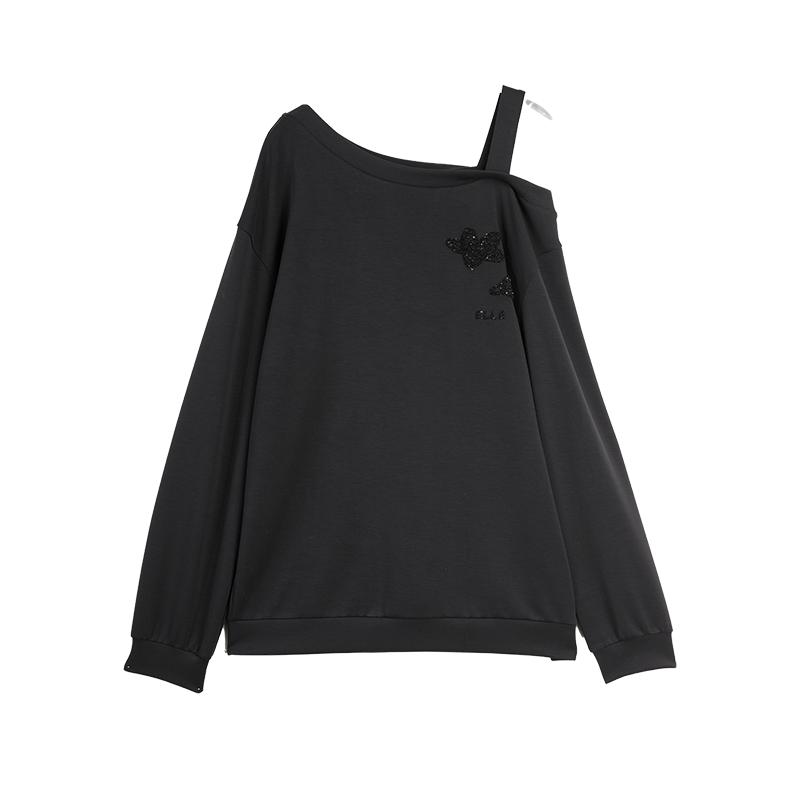 ELLE法式露肩珠片绣卫衣女