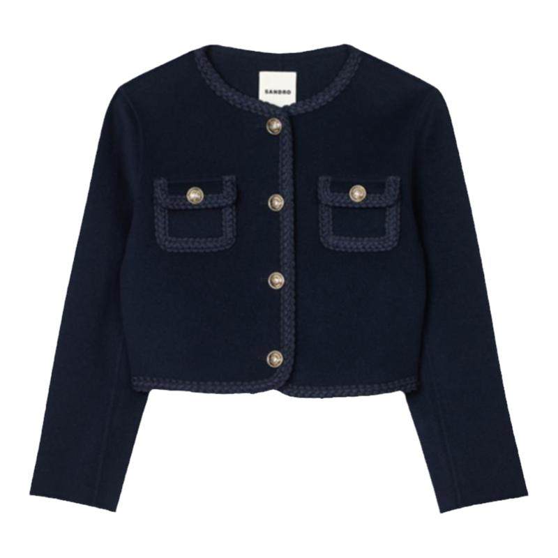 SANDRO秋冬女装法式时尚优雅简约绵羊毛深蓝色短款长袖花边外套,女装/女士精品,短外套,淘宝优惠券,粉丝福利购,淘宝优惠卷