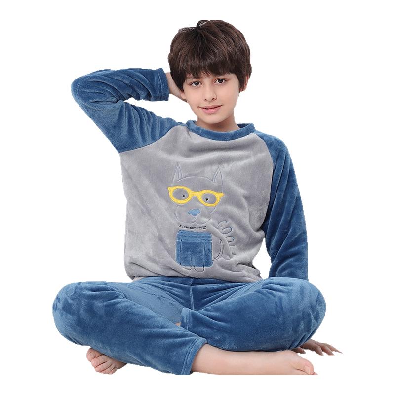 顶瓜瓜儿童法兰绒睡衣男童秋冬加厚大童宝宝保暖珊瑚绒家居服套装