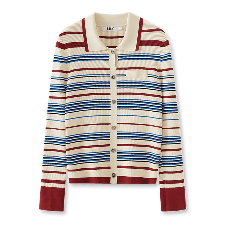 LILY撞色翻领修身复古短款开衫