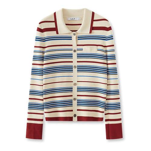 LILY撞色翻领修身复古短款开衫