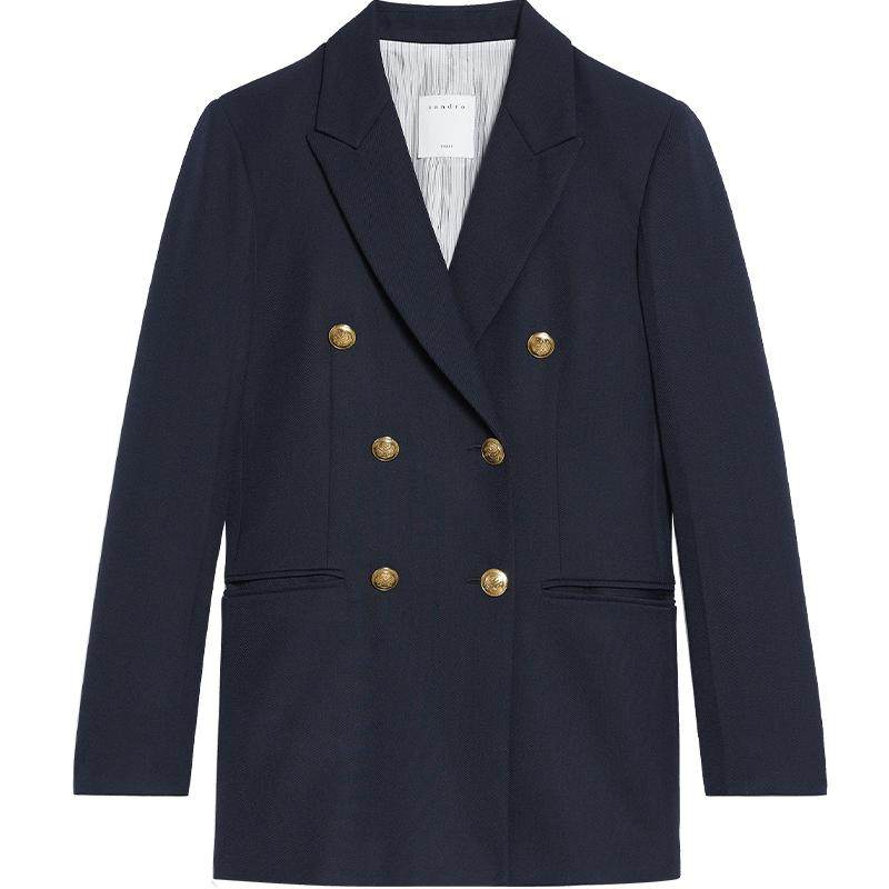 SANDRO秋冬女装法式气质时尚通勤深蓝色戗驳领双排扣西装外套上衣,女装/女士精品,西装,淘宝优惠券,粉丝福利购,淘宝优惠卷